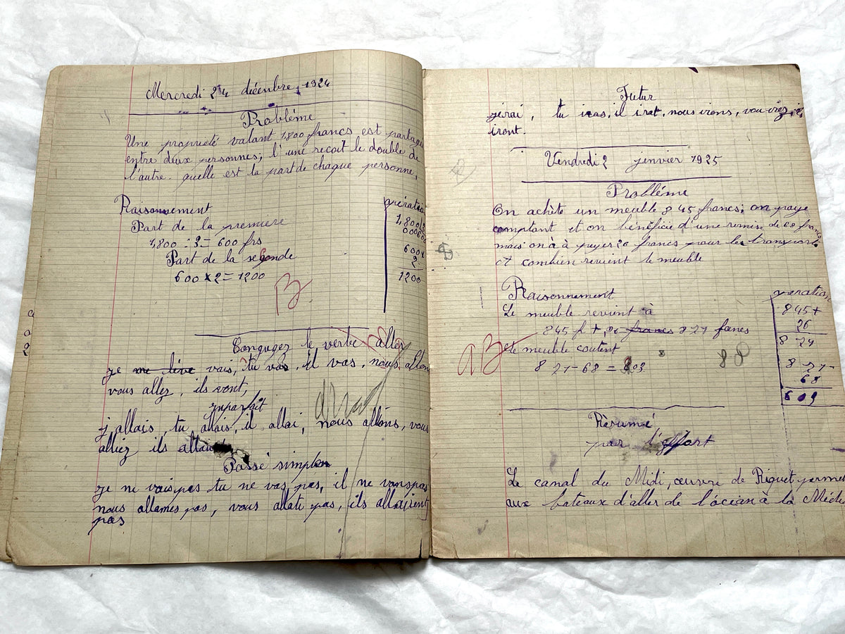 1920s - Vintage French School Notebook - Young Girl's Historical Education Ephemera - Handwritten Lessons