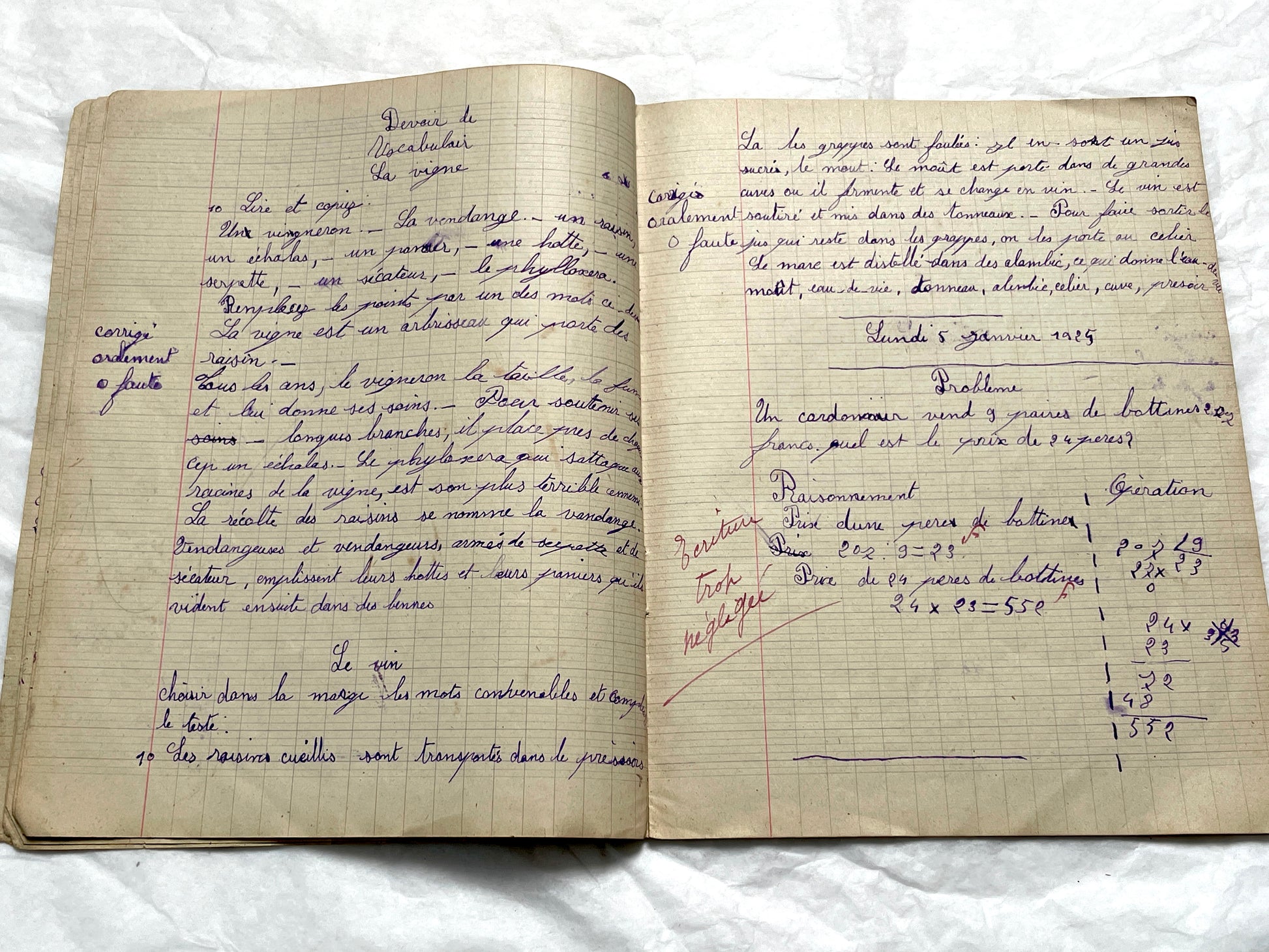 1920s - Vintage French School Notebook - Young Girl's Historical Education Ephemera - Handwritten Lessons