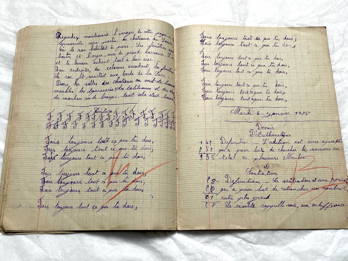 1920s - Vintage French School Notebook - Young Girl's Historical Education Ephemera - Handwritten Lessons