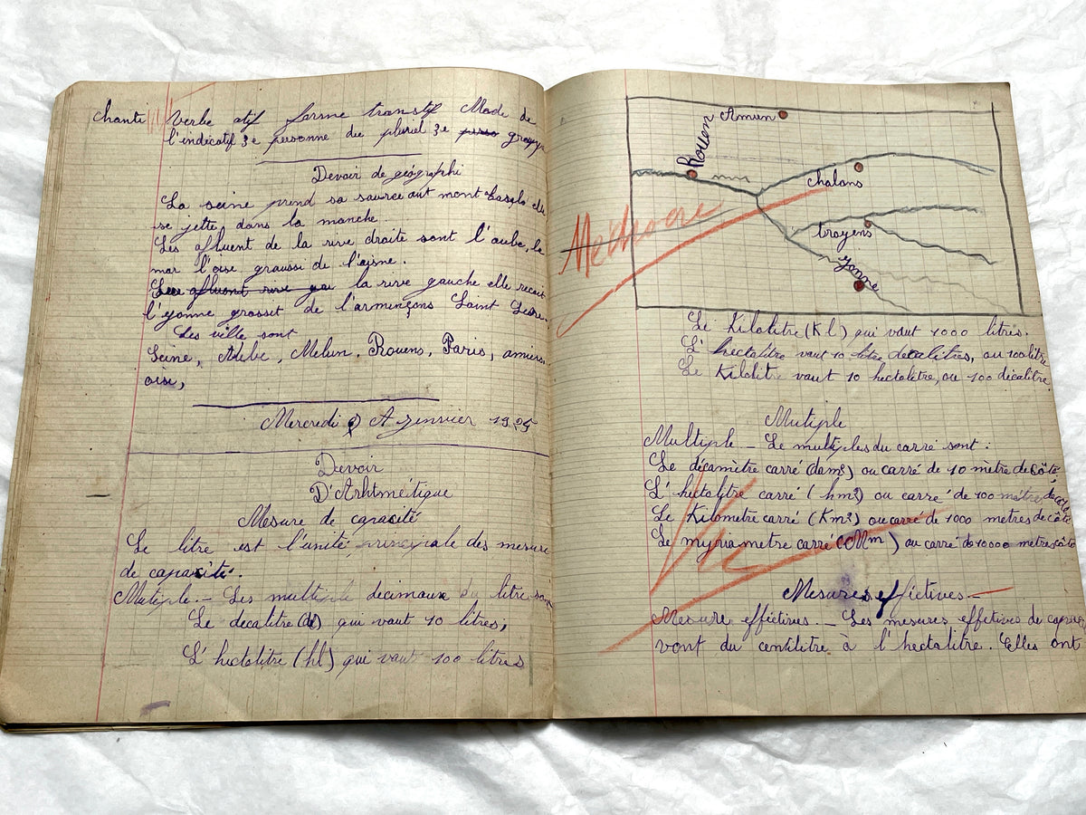 1920s - Vintage French School Notebook - Young Girl's Historical Education Ephemera - Handwritten Lessons