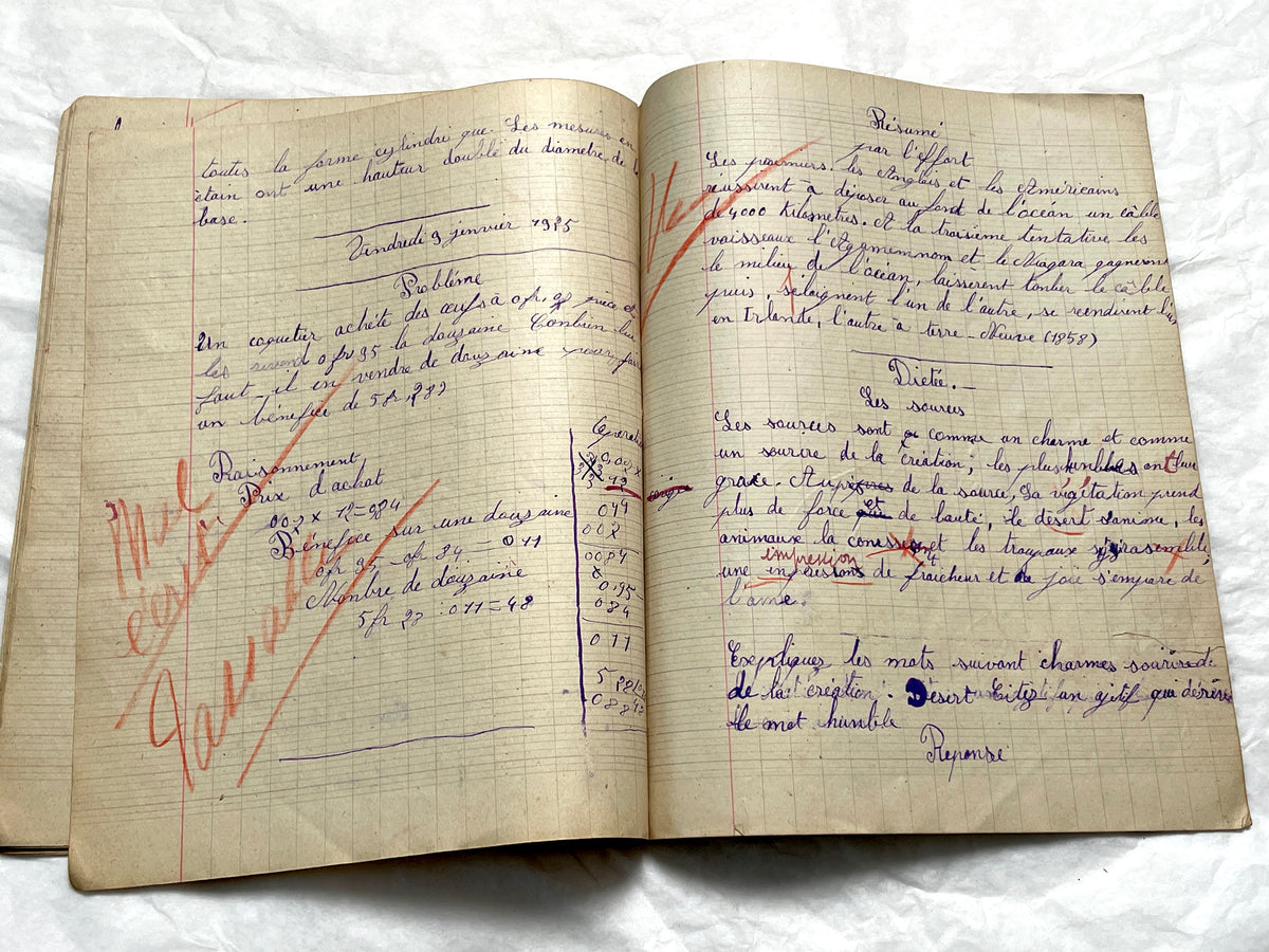 1920s - Vintage French School Notebook - Young Girl's Historical Education Ephemera - Handwritten Lessons