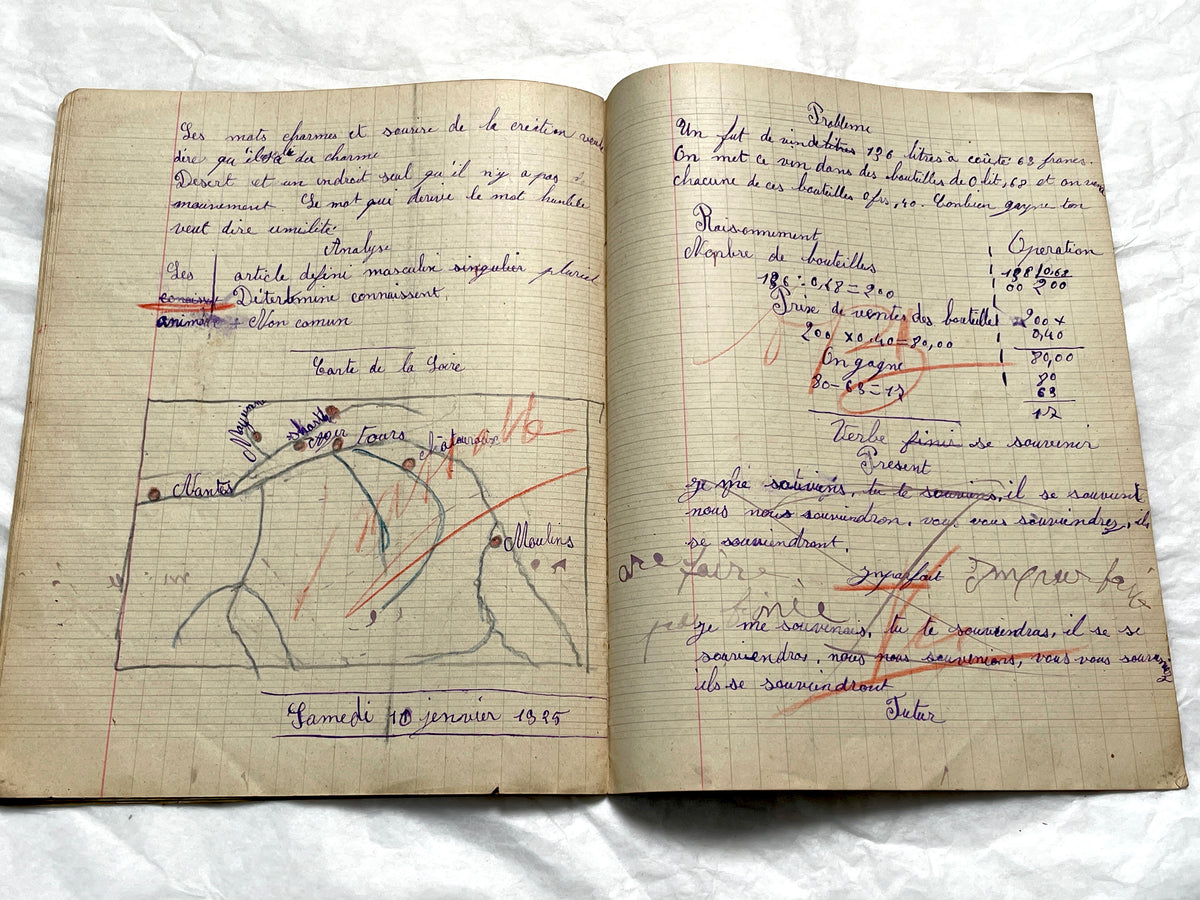 1920s - Vintage French School Notebook - Young Girl's Historical Education Ephemera - Handwritten Lessons