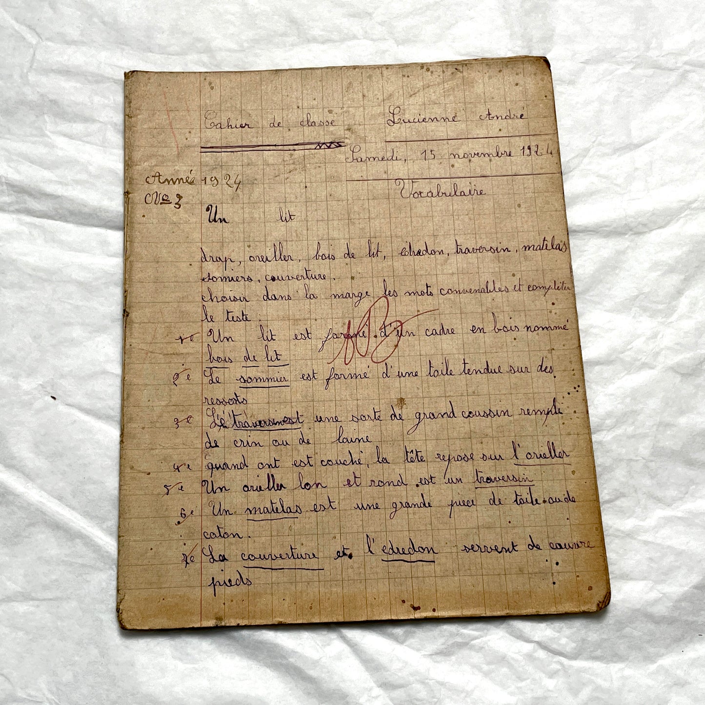 1920s - Vintage French School Notebook - Schoolgirl's Handwritten Cahier de Classe - Authentic French Education Ephemera from 1920s