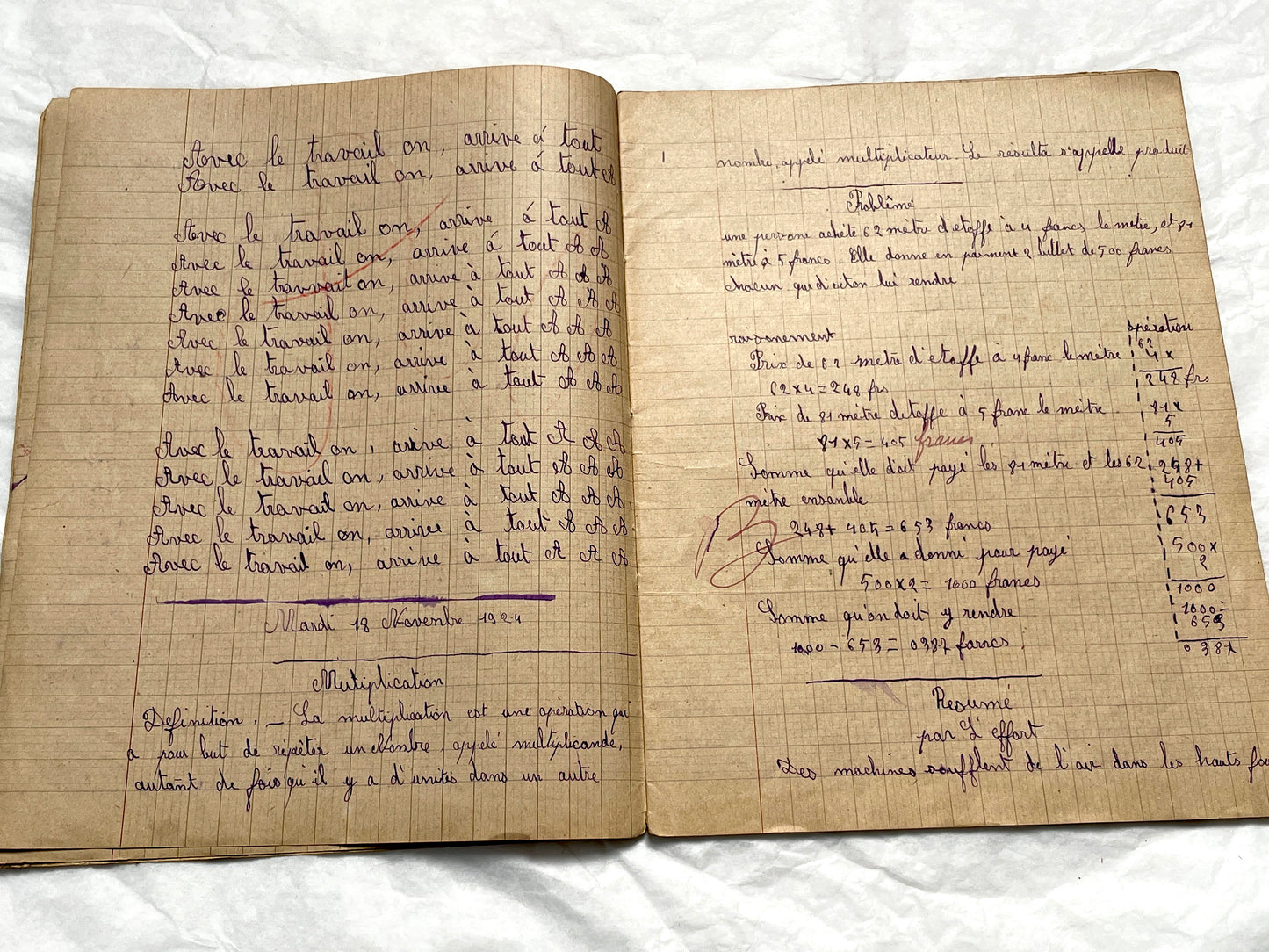1920s - Vintage French School Notebook - Schoolgirl's Handwritten Cahier de Classe - Authentic French Education Ephemera from 1920s