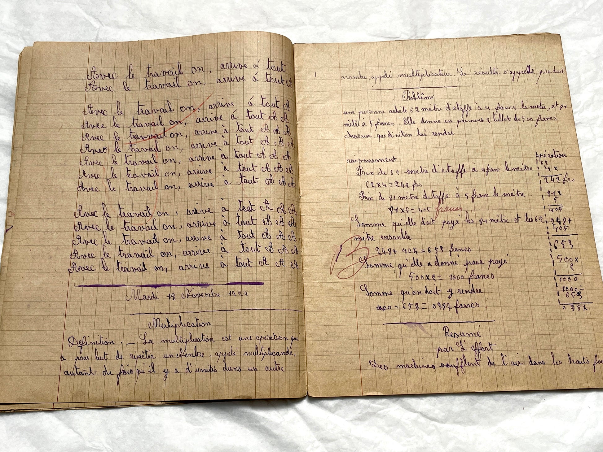 1920s - Vintage French School Notebook - Schoolgirl's Handwritten Cahier de Classe - Authentic French Education Ephemera from 1920s