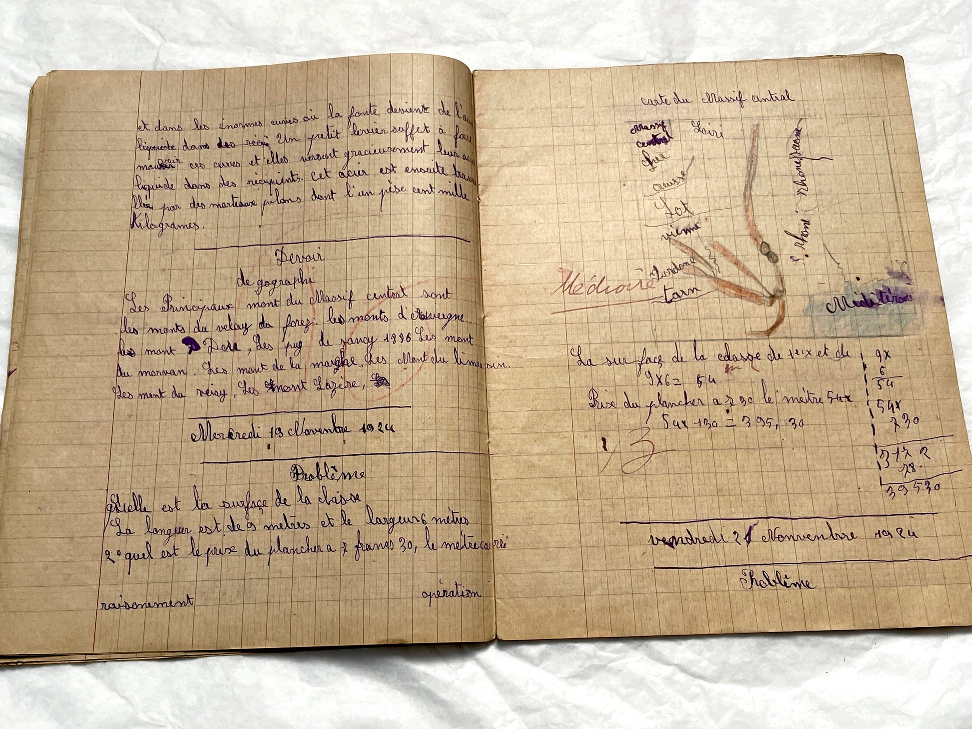 1920s - Vintage French School Notebook - Schoolgirl's Handwritten Cahier de Classe - Authentic French Education Ephemera from 1920s