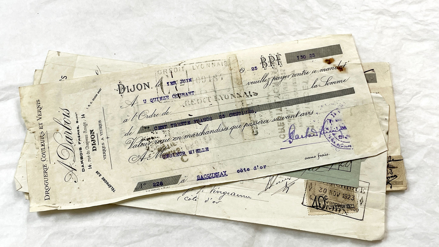 1920s - Lot of 6 Vintage French Bills of Exchange – Handwritten Commercial Documents with Stamps