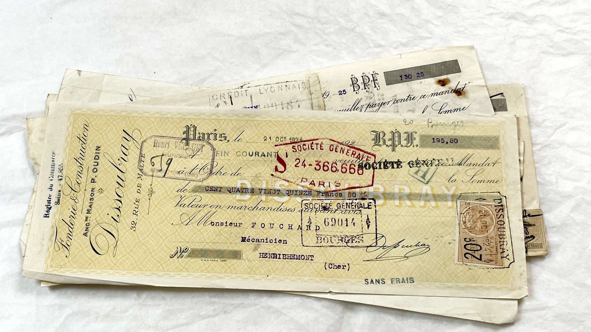 1920s - Lot of 6 Vintage French Bills of Exchange – Handwritten Commercial Documents with Stamps
