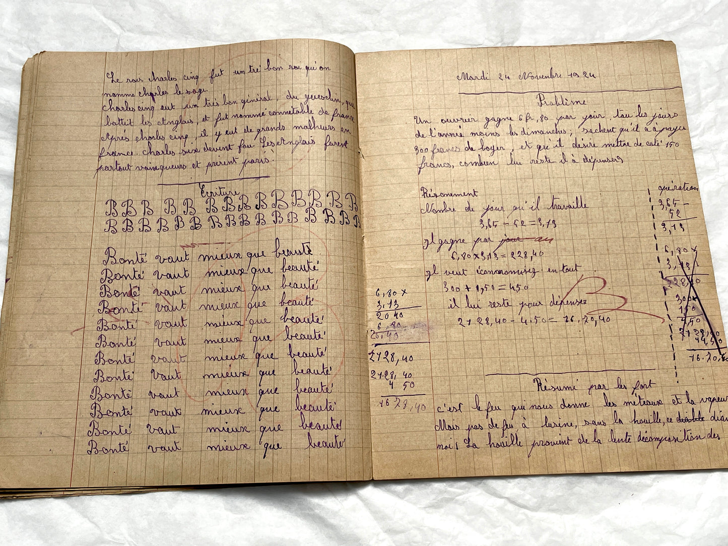 1920s - Vintage French School Notebook - Schoolgirl's Handwritten Cahier de Classe - Authentic French Education Ephemera from 1920s