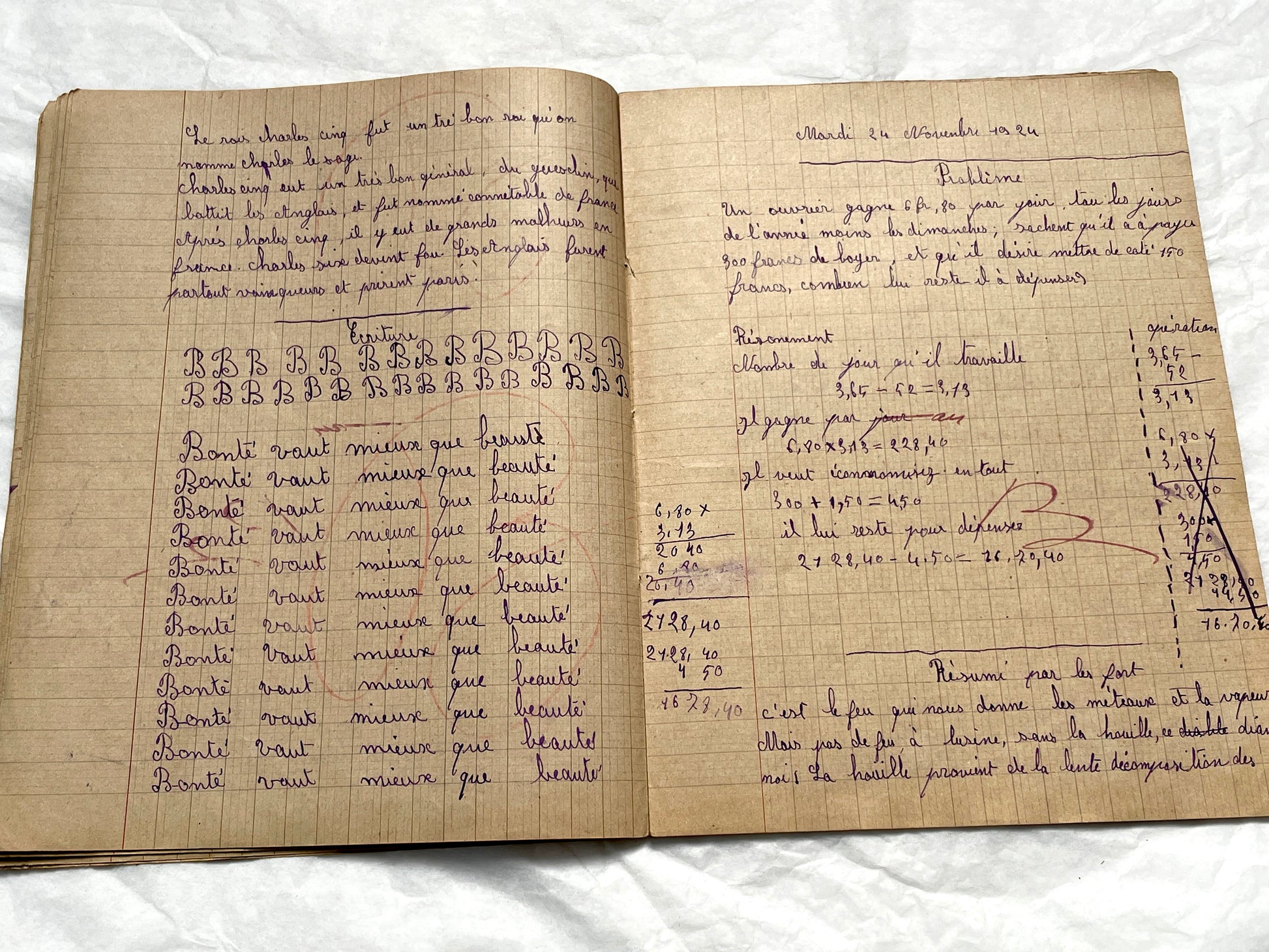 1920s - Vintage French School Notebook - Schoolgirl's Handwritten Cahier de Classe - Authentic French Education Ephemera from 1920s