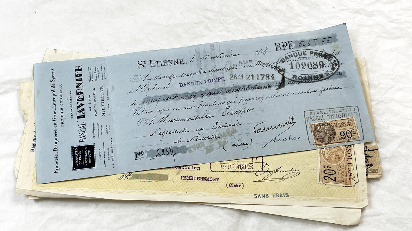 1920s - Lot of 6 Vintage French Bills of Exchange – Handwritten Commercial Documents with Stamps