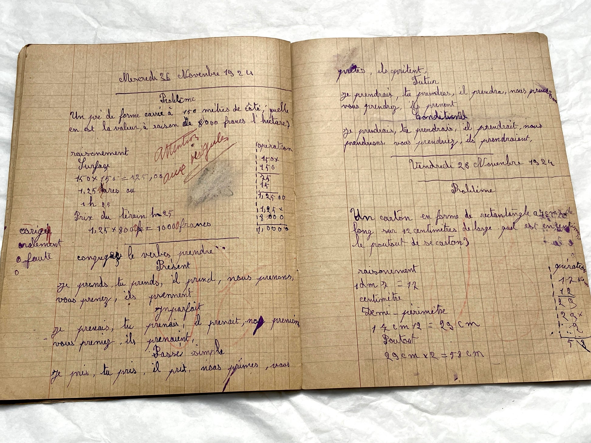1920s - Vintage French School Notebook - Schoolgirl's Handwritten Cahier de Classe - Authentic French Education Ephemera from 1920s