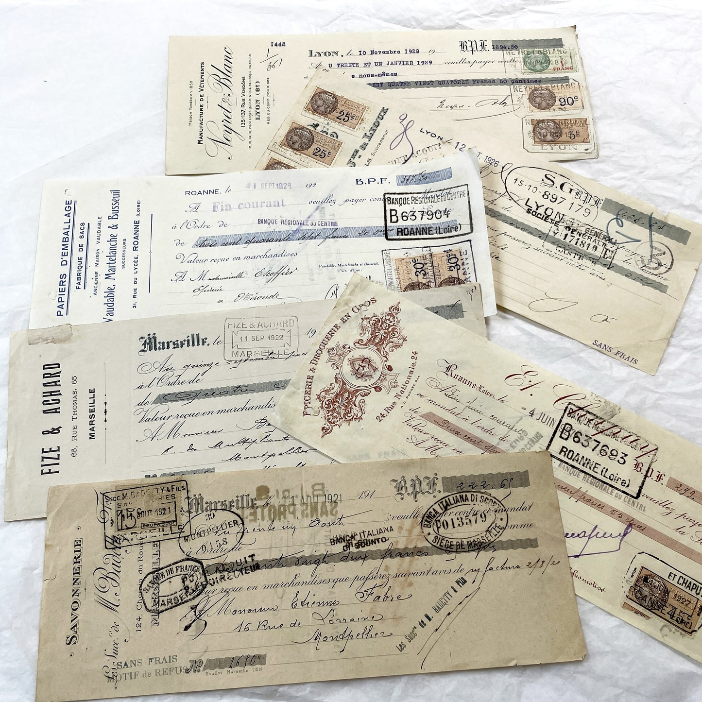 1920s - Lot of 6 Vintage French Bills of Exchange – Handwritten Commercial Documents with Stamps