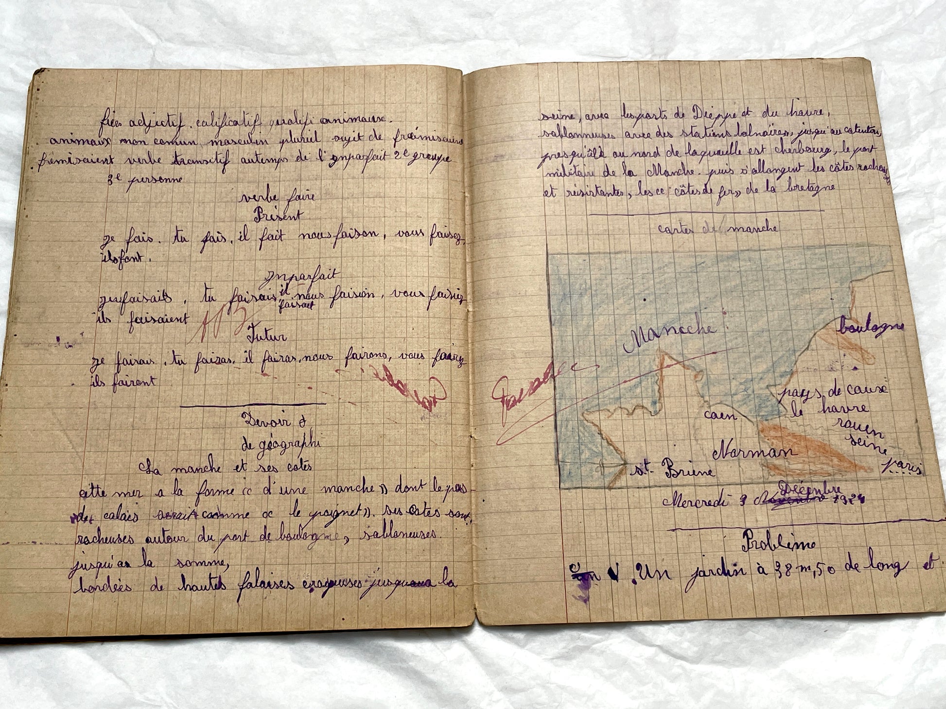 1920s - Vintage French School Notebook - Schoolgirl's Handwritten Cahier de Classe - Authentic French Education Ephemera from 1920s