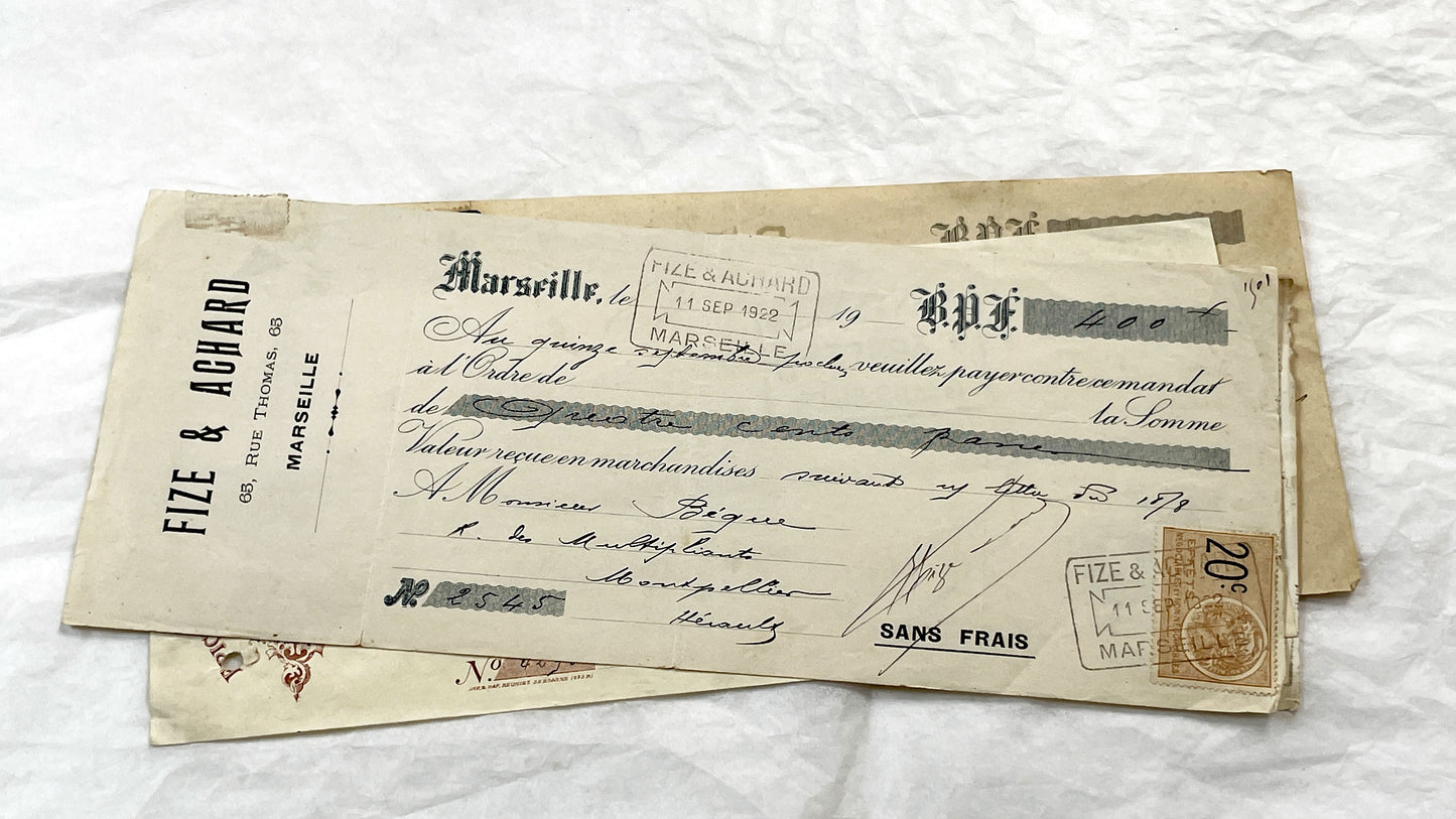 1920s - Lot of 6 Vintage French Bills of Exchange – Handwritten Commercial Documents with Stamps