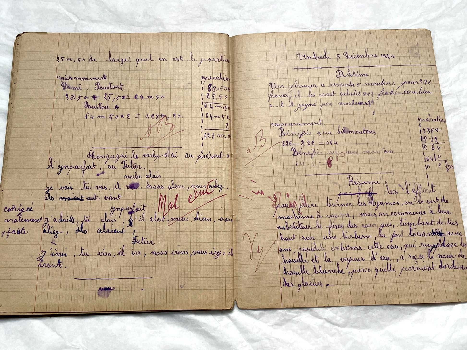 1920s - Vintage French School Notebook - Schoolgirl's Handwritten Cahier de Classe - Authentic French Education Ephemera from 1920s