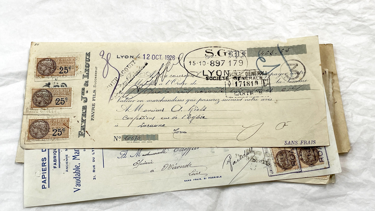 1920s - Lot of 6 Vintage French Bills of Exchange – Handwritten Commercial Documents with Stamps