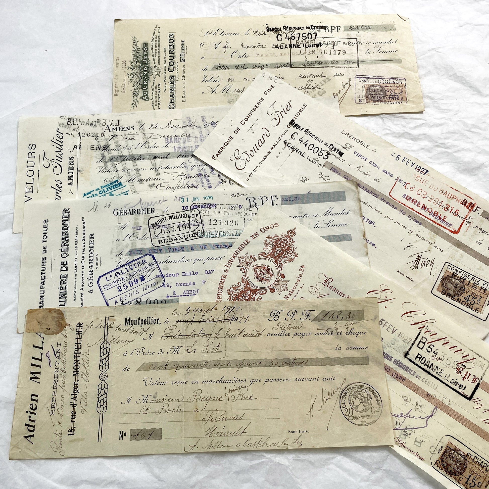 1920s - Lot of 6 Vintage French Bills of Exchange – Handwritten Commercial Documents with Stamps