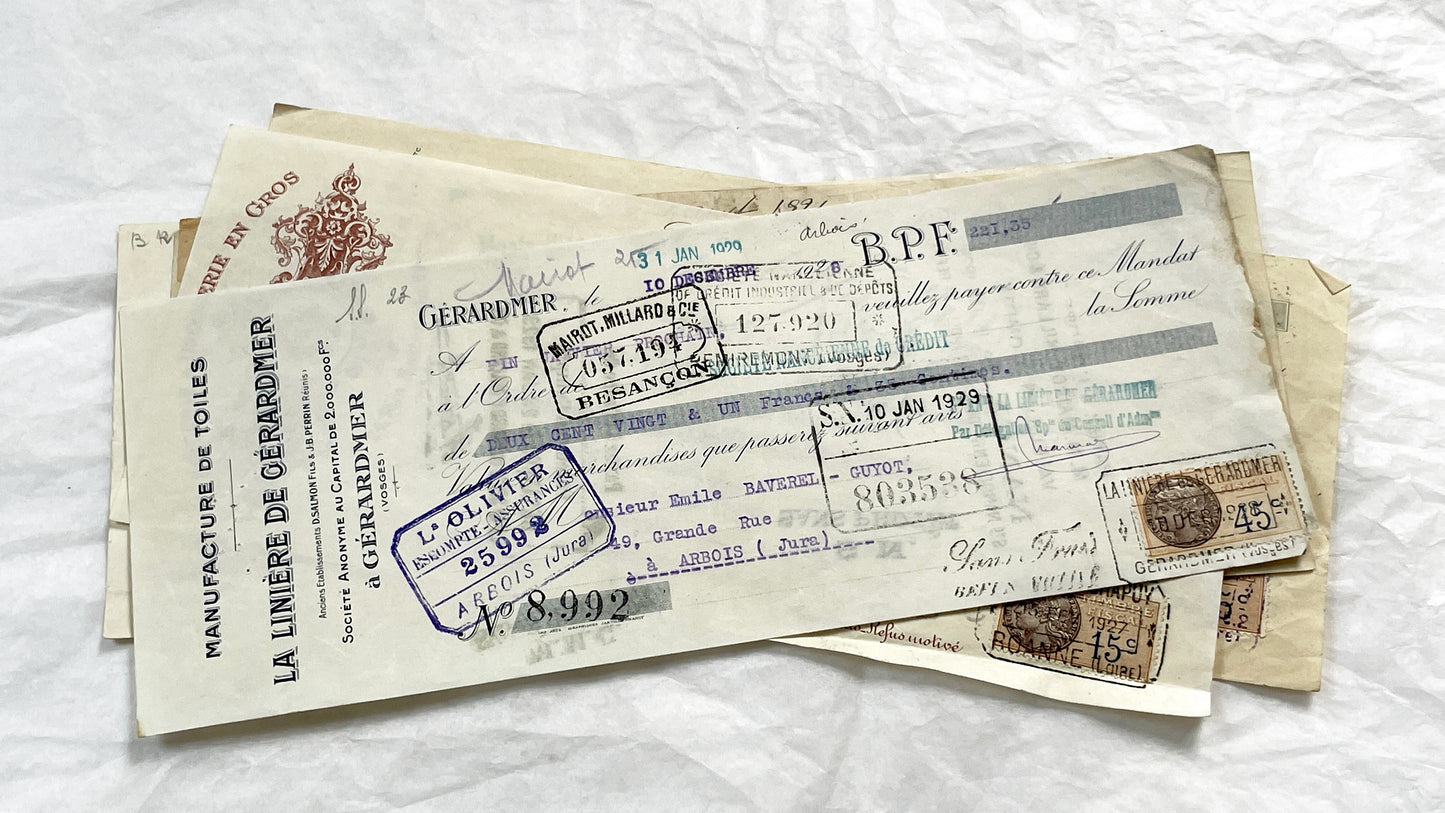 1920s - Lot of 6 Vintage French Bills of Exchange – Handwritten Commercial Documents with Stamps