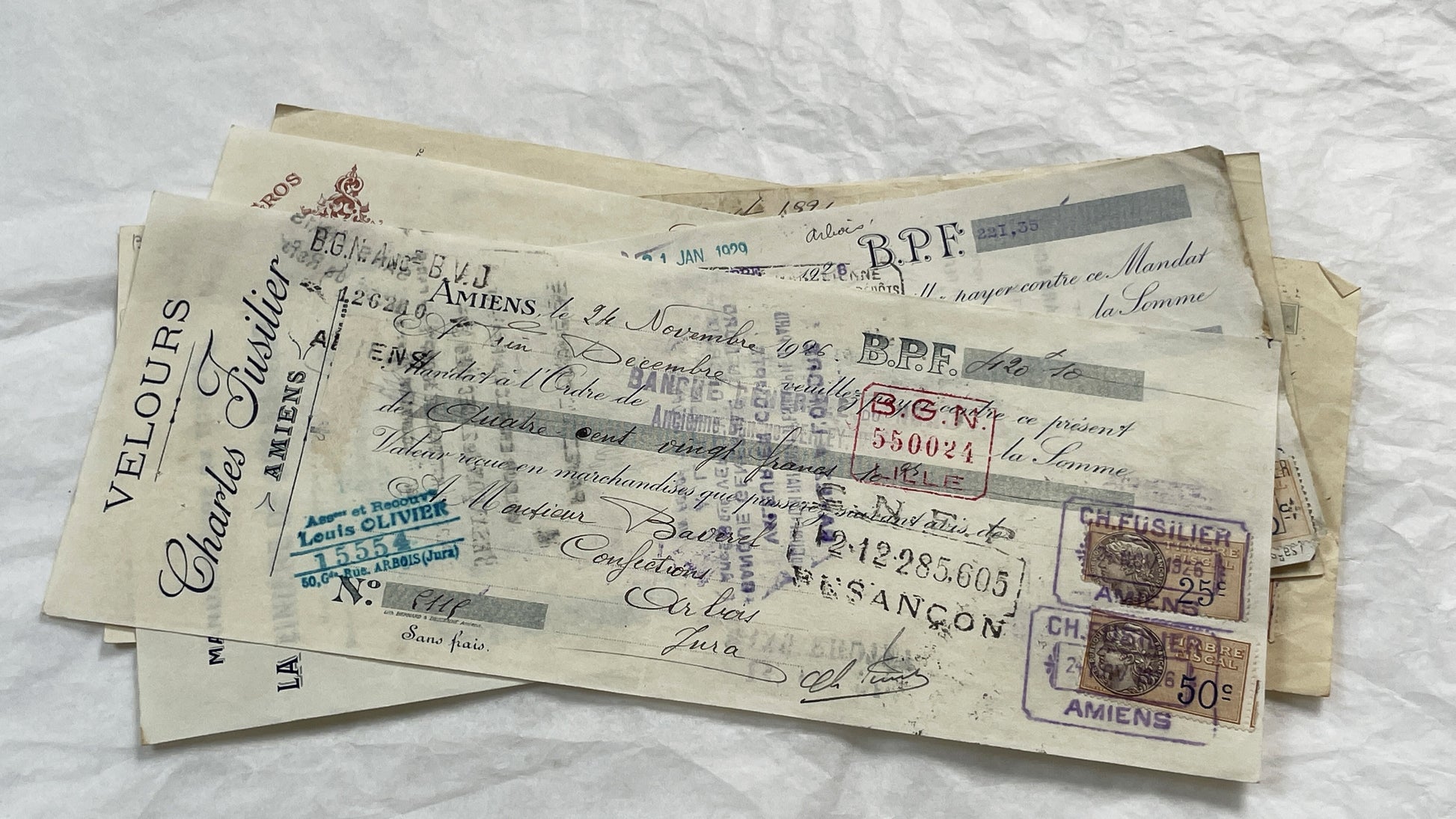 1920s - Lot of 6 Vintage French Bills of Exchange – Handwritten Commercial Documents with Stamps