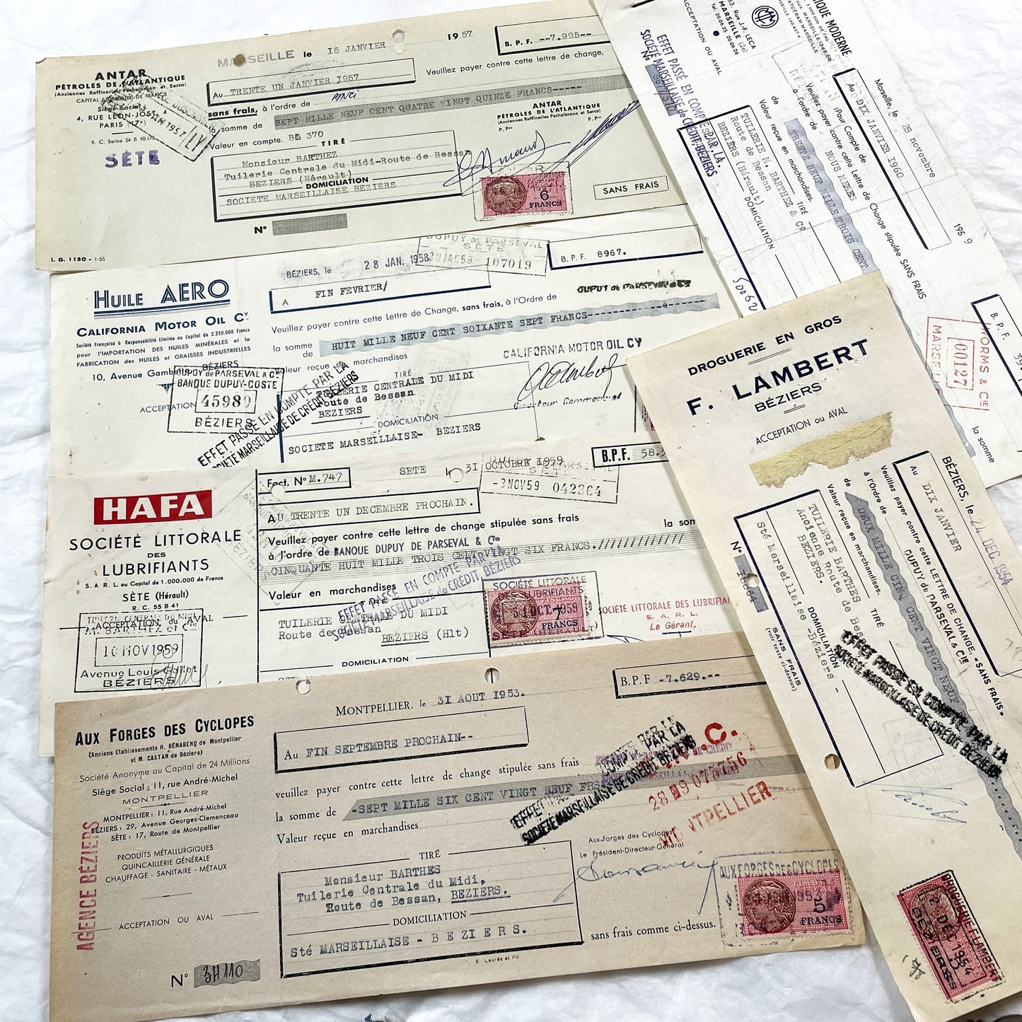 1950s - Lot of 6 Vintage French Bills of Exchange – Handwritten Commercial Documents with Stamps