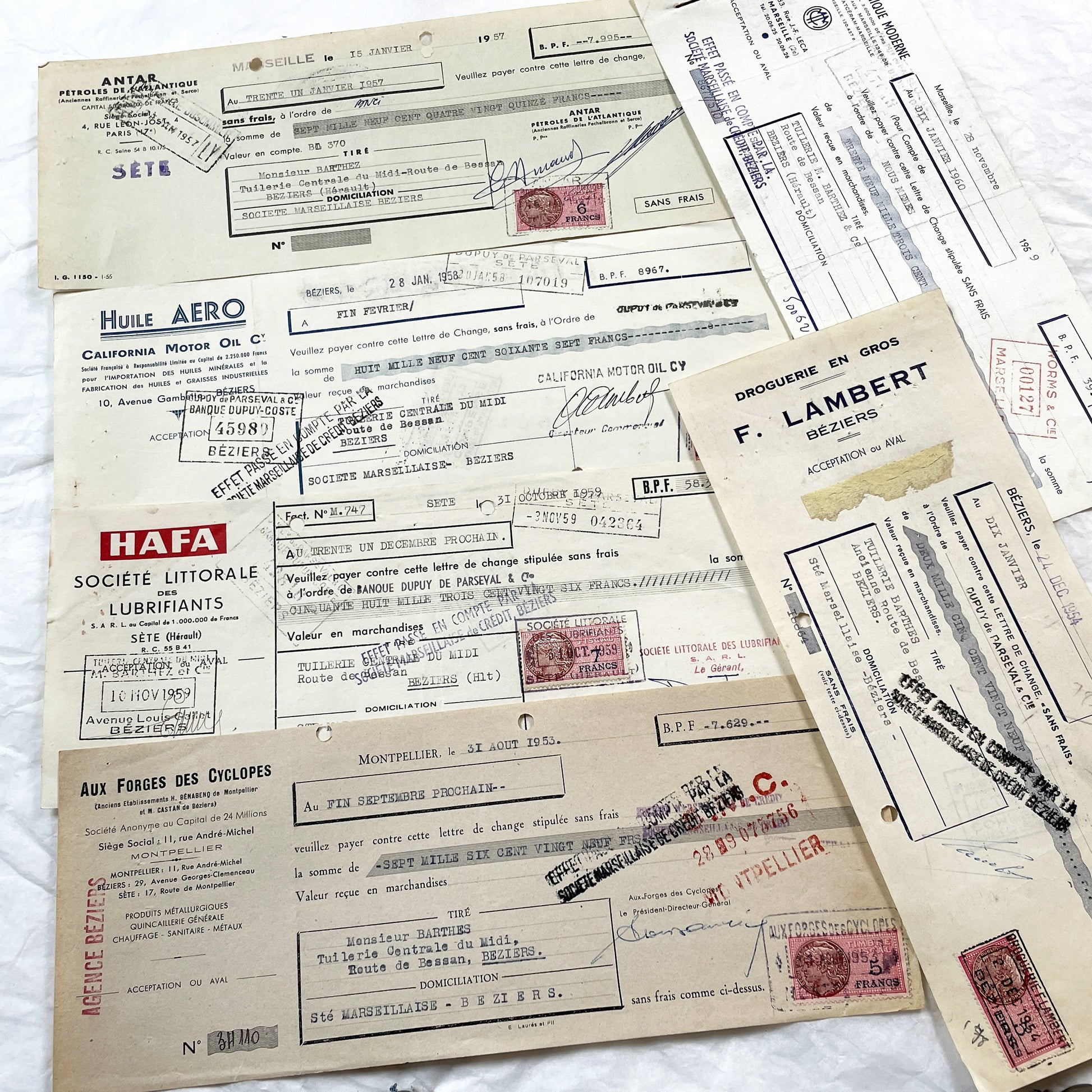 1950s - Lot of 6 Vintage French Bills of Exchange – Handwritten Commercial Documents with Stamps