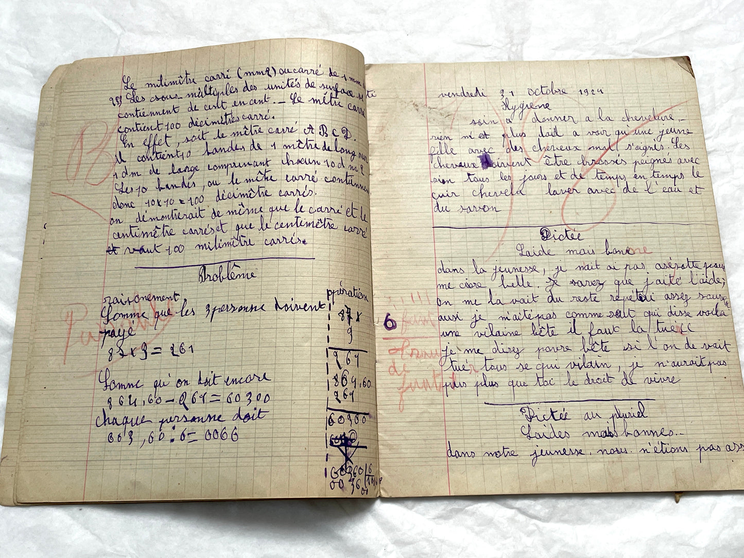 1920s - French School Notebook - Young Girl's Handwritten Lessons - Vintage Educational Ephemera - School Journal