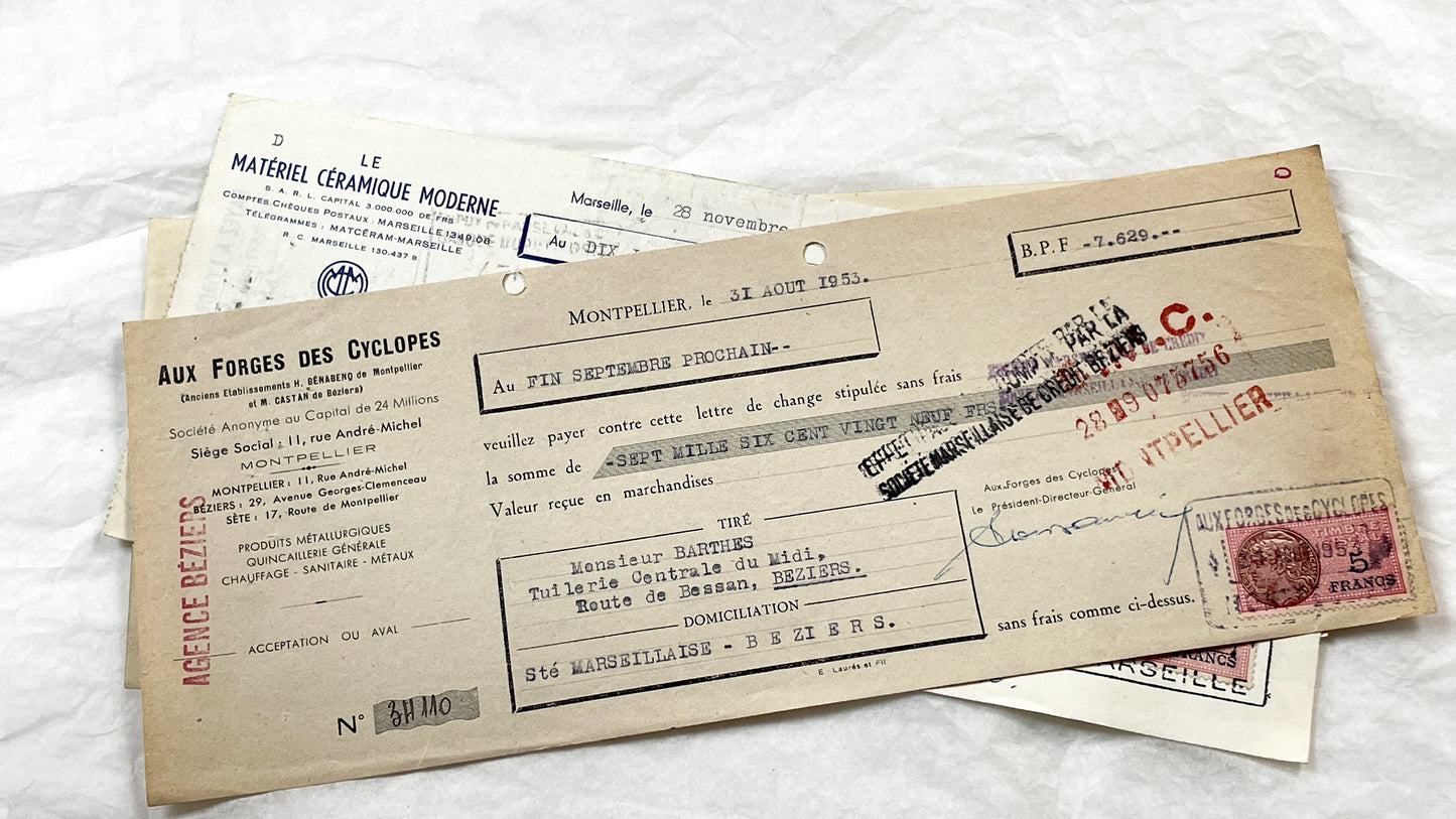 1950s - Lot of 6 Vintage French Bills of Exchange – Handwritten Commercial Documents with Stamps