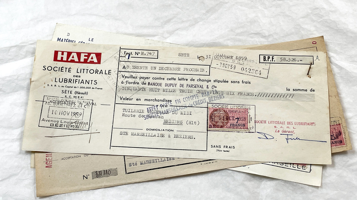 1950s - Lot of 6 Vintage French Bills of Exchange – Handwritten Commercial Documents with Stamps
