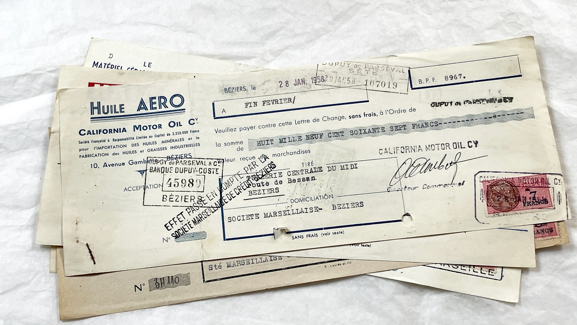 1950s - Lot of 6 Vintage French Bills of Exchange – Handwritten Commercial Documents with Stamps