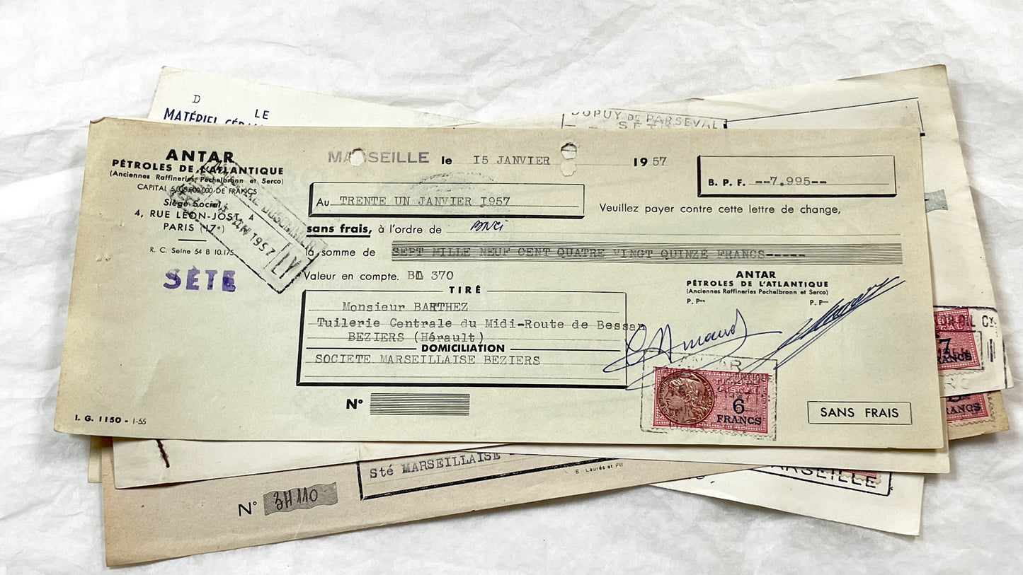 1950s - Lot of 6 Vintage French Bills of Exchange – Handwritten Commercial Documents with Stamps