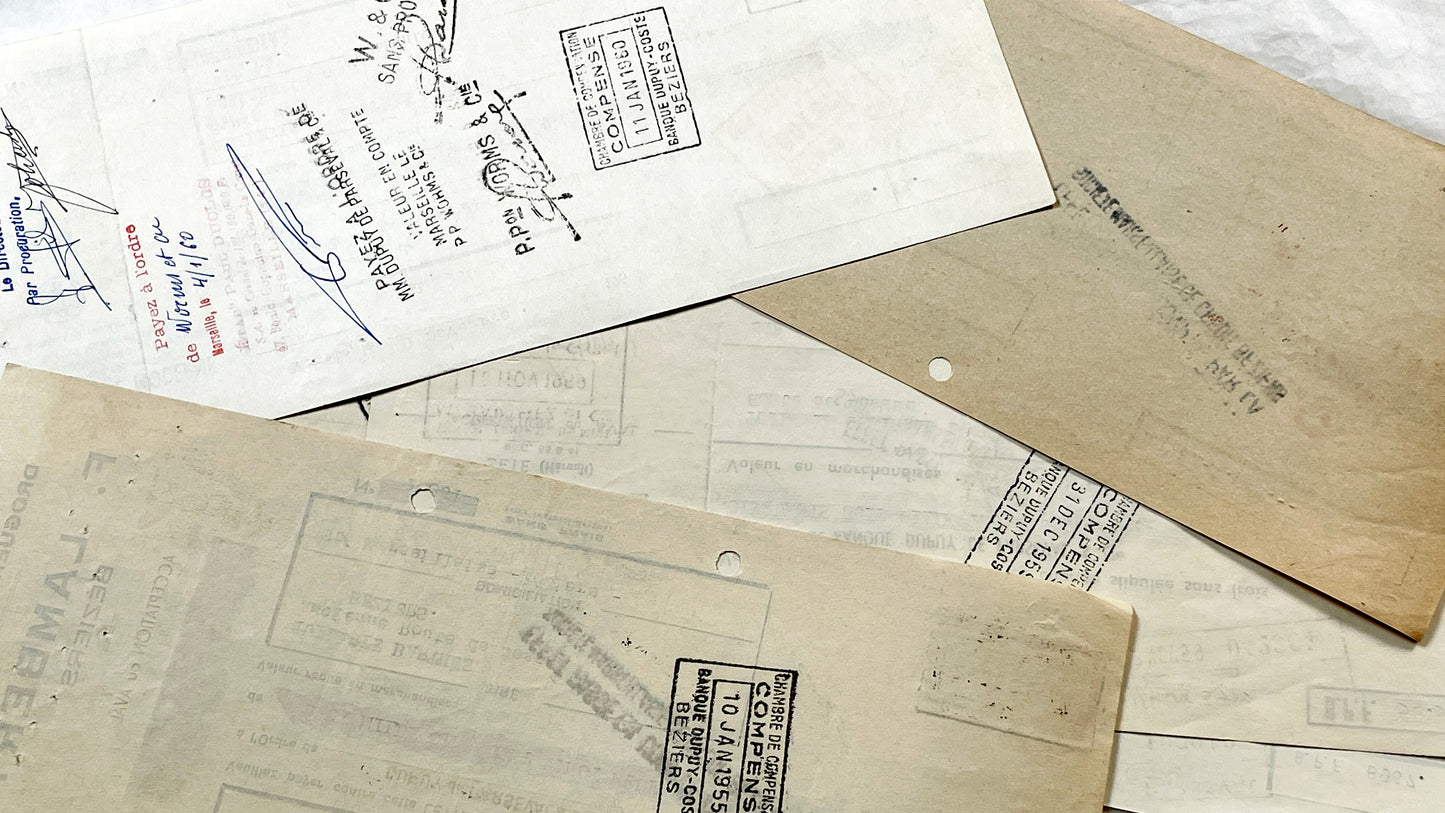 1950s - Lot of 6 Vintage French Bills of Exchange – Handwritten Commercial Documents with Stamps