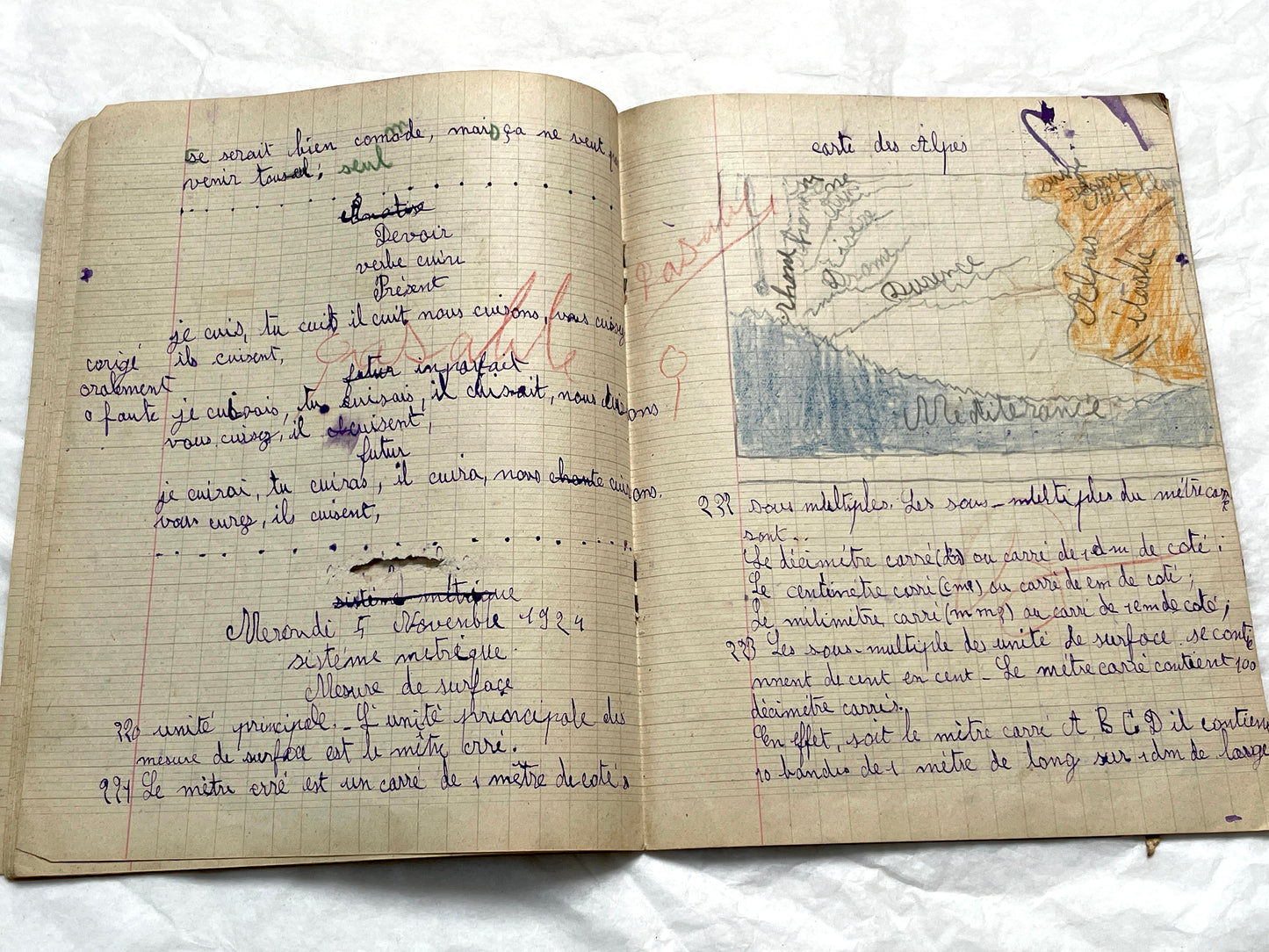 1920s - French School Notebook - Young Girl's Handwritten Lessons - Vintage Educational Ephemera - School Journal
