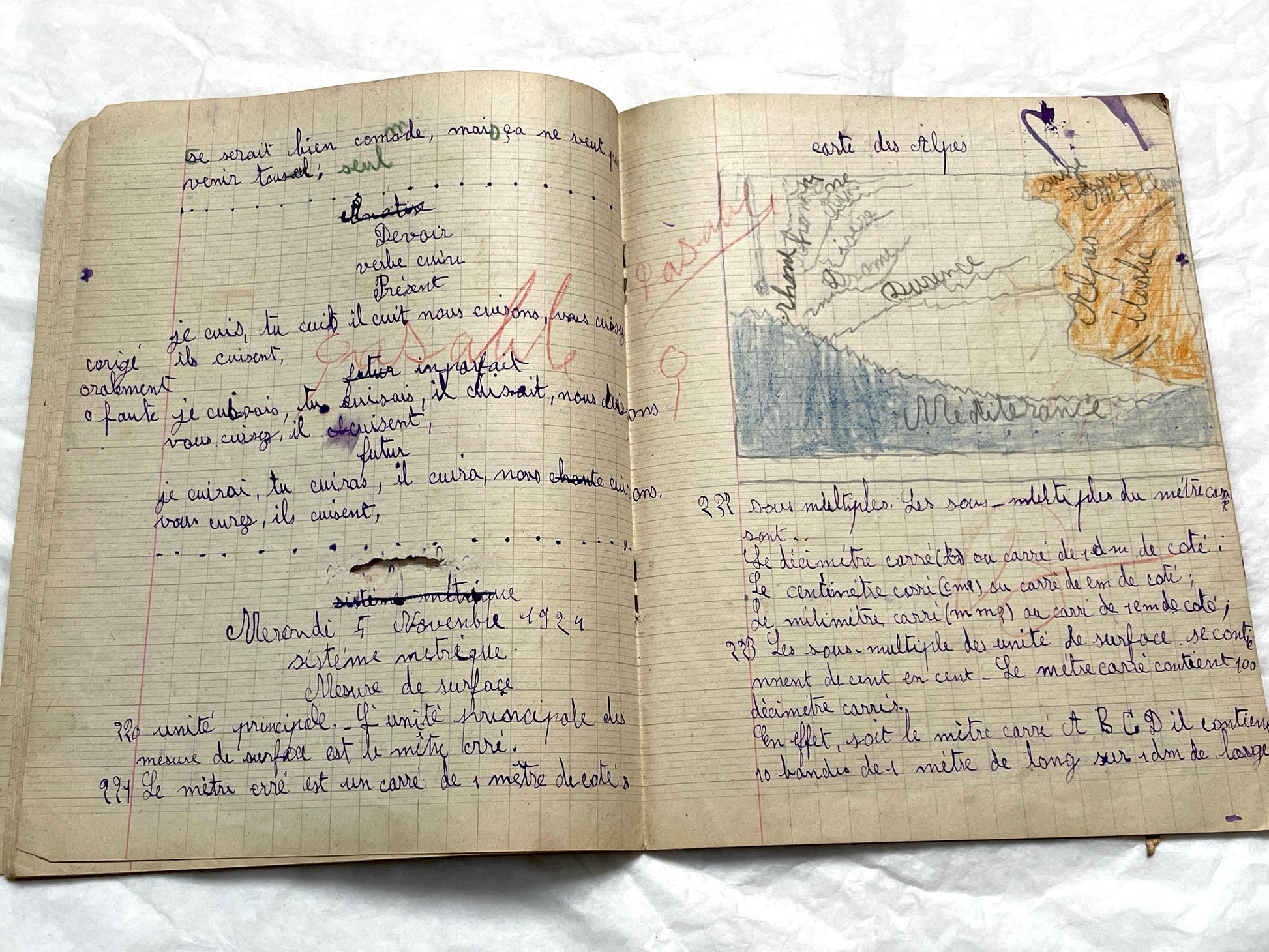 1920s - French School Notebook - Young Girl's Handwritten Lessons - Vintage Educational Ephemera - School Journal