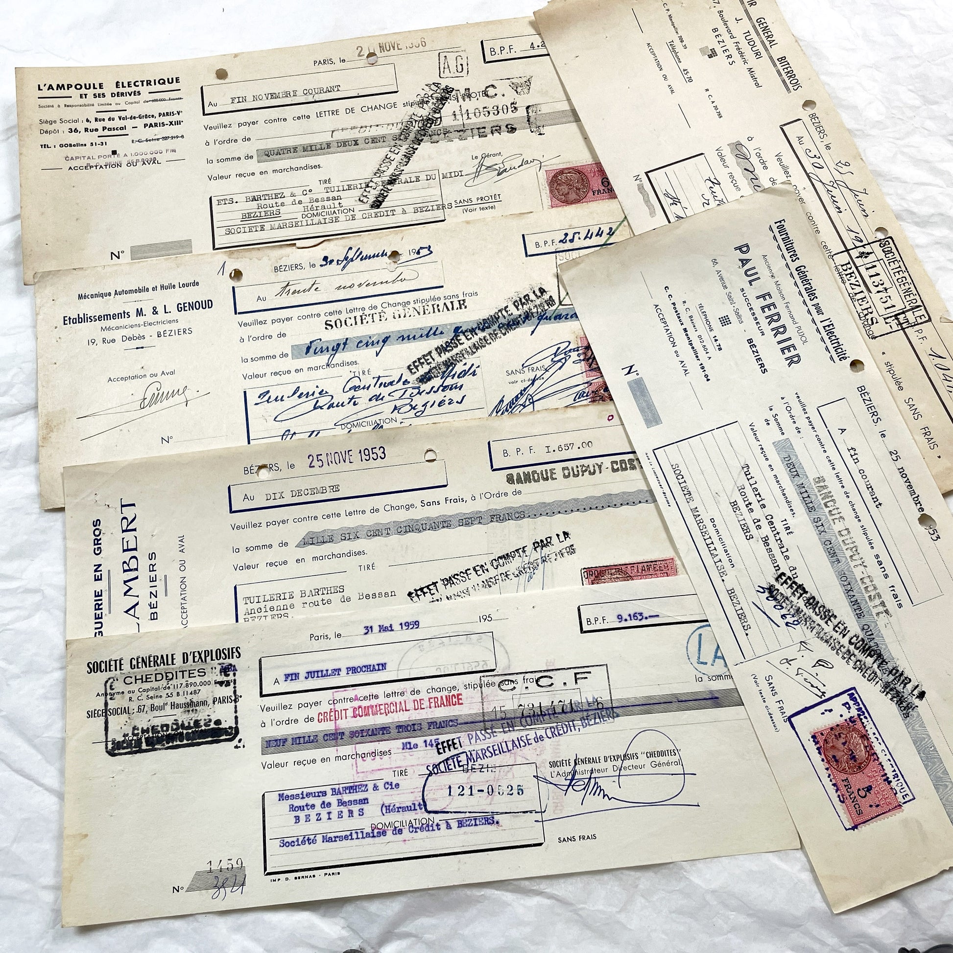 1950s - Lot of 6 Vintage French Bills of Exchange – Handwritten Commercial Documents with Stamps
