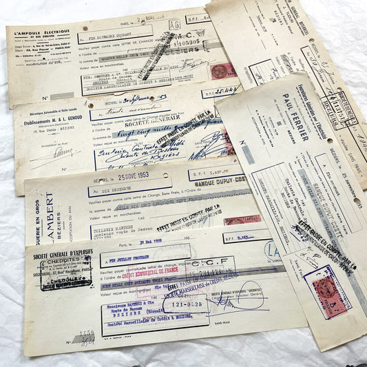1950s - Lot of 6 Vintage French Bills of Exchange – Handwritten Commercial Documents with Stamps
