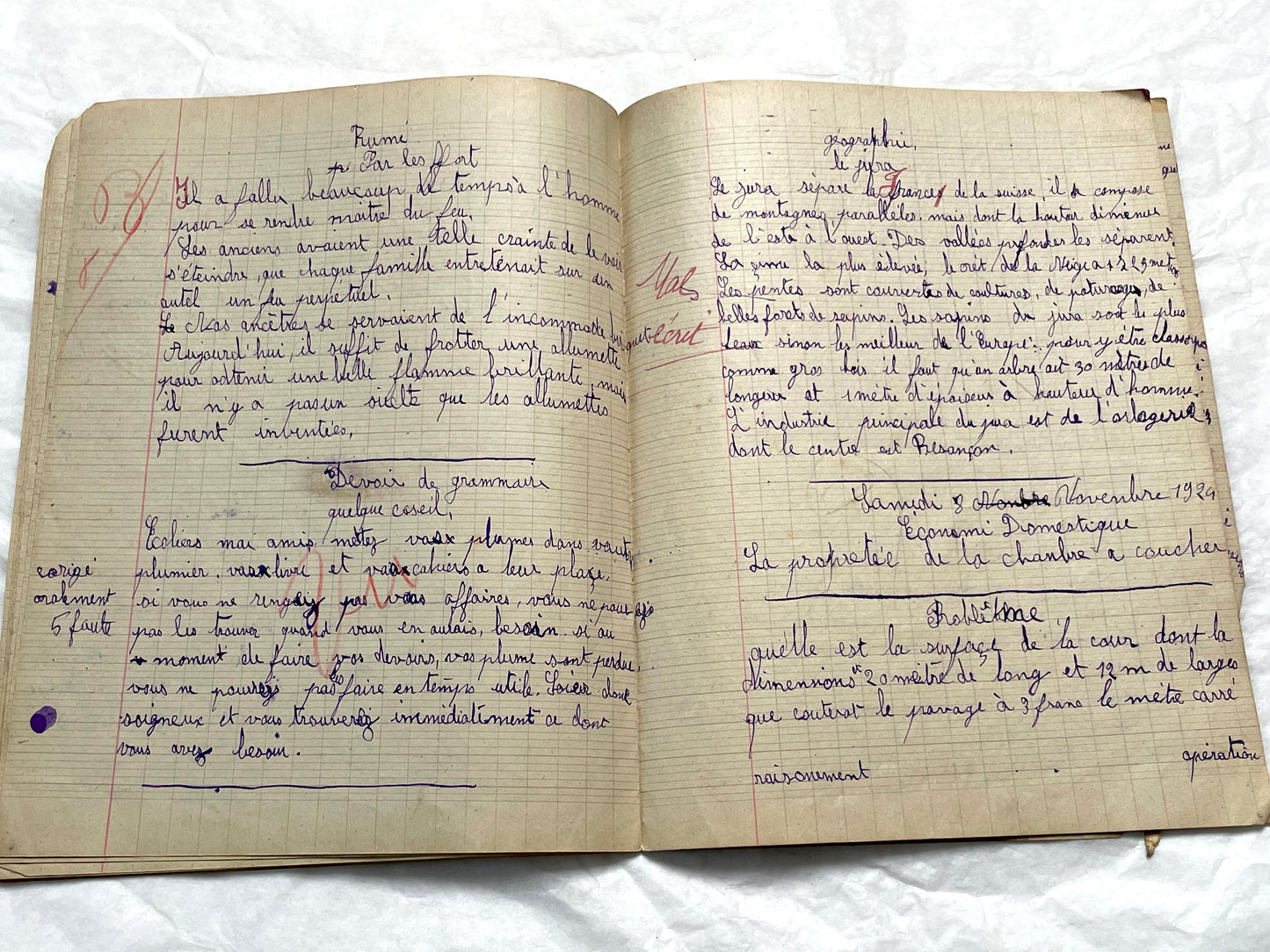1920s - French School Notebook - Young Girl's Handwritten Lessons - Vintage Educational Ephemera - School Journal