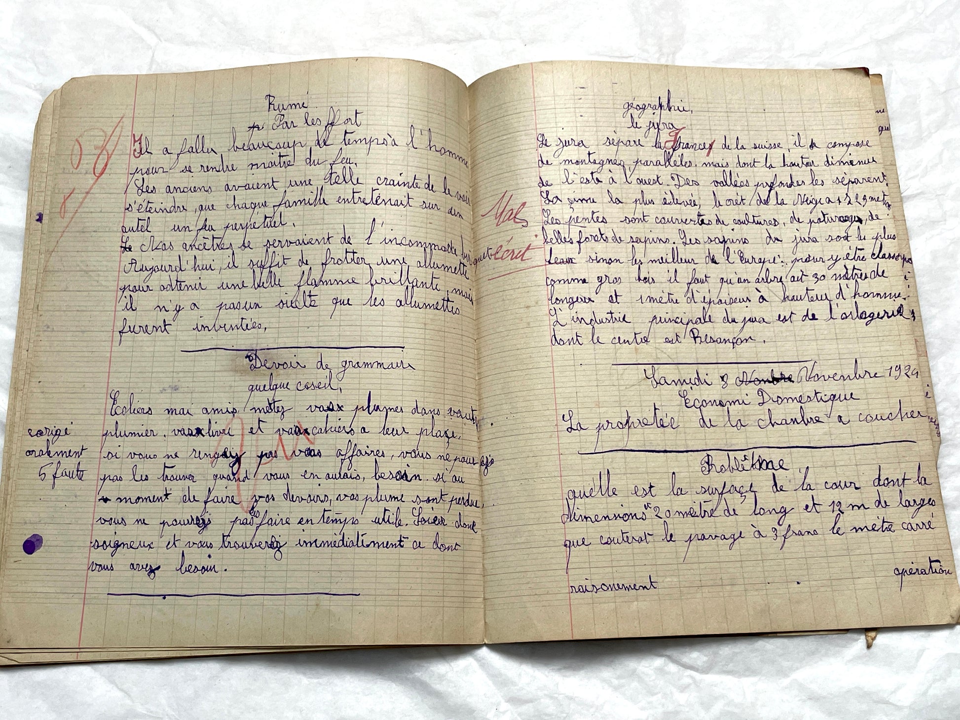 1920s - French School Notebook - Young Girl's Handwritten Lessons - Vintage Educational Ephemera - School Journal