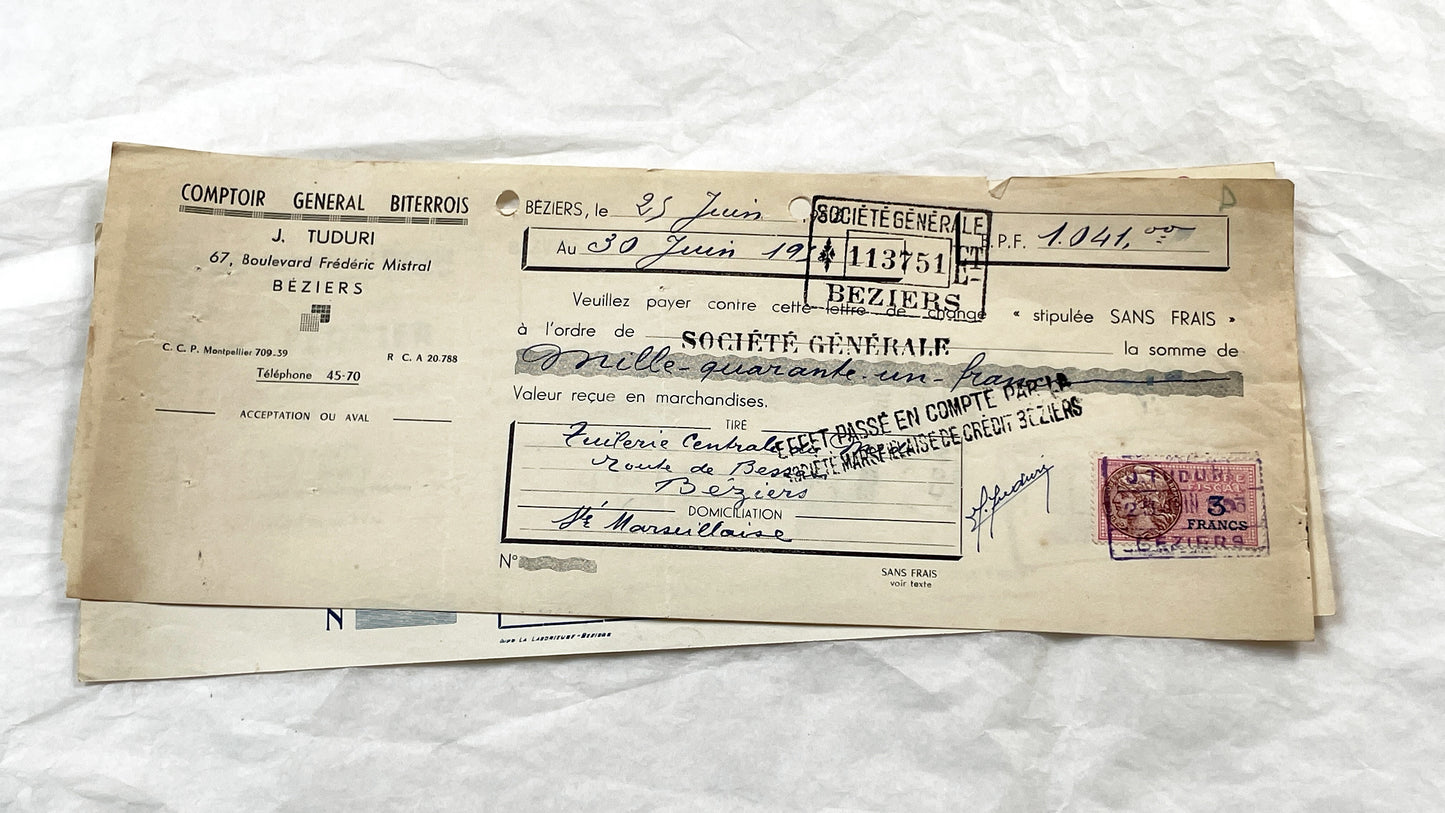 1950s - Lot of 6 Vintage French Bills of Exchange – Handwritten Commercial Documents with Stamps