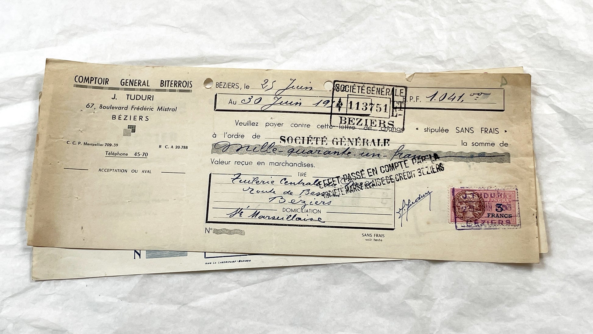 1950s - Lot of 6 Vintage French Bills of Exchange – Handwritten Commercial Documents with Stamps
