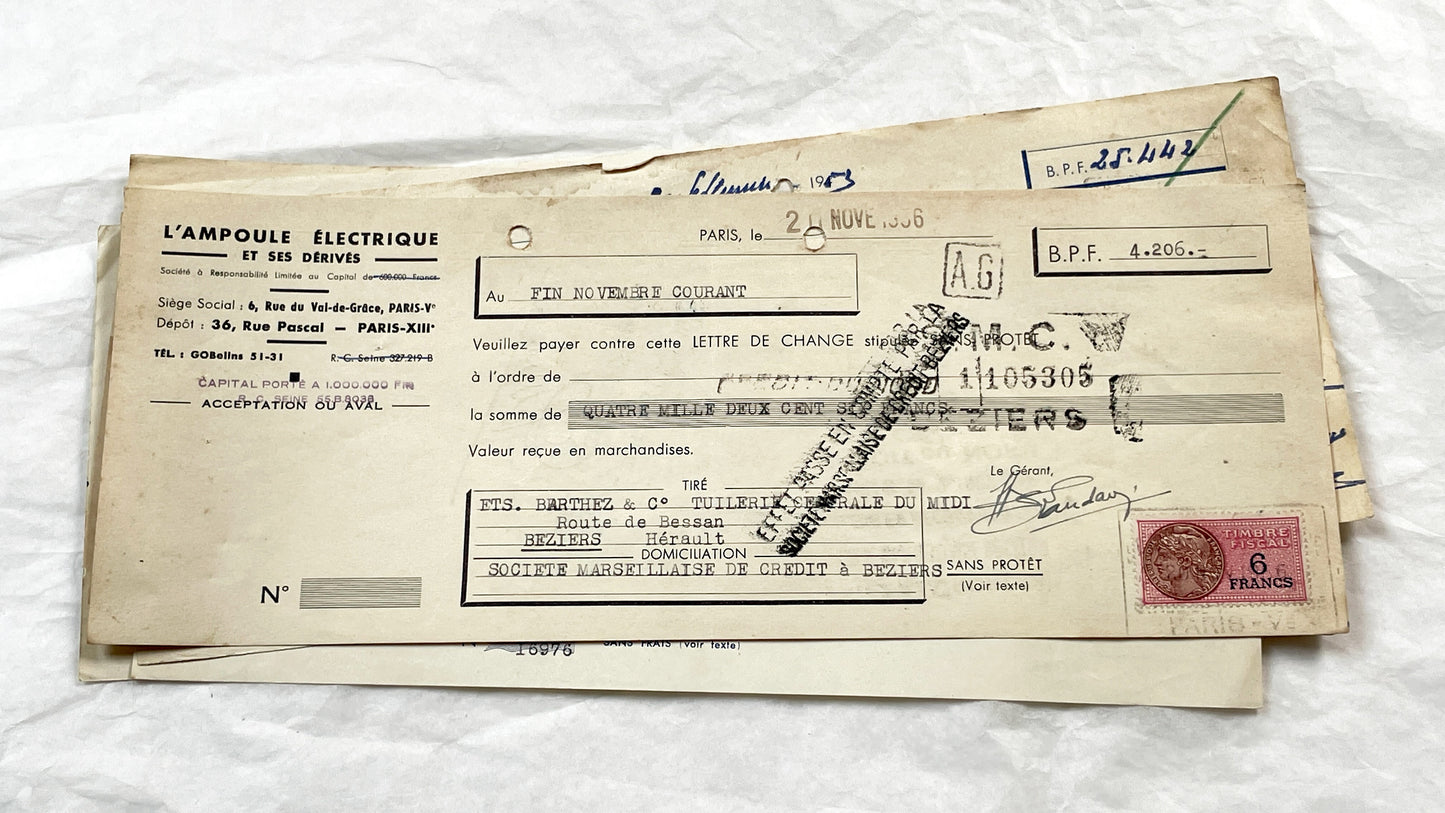 1950s - Lot of 6 Vintage French Bills of Exchange – Handwritten Commercial Documents with Stamps