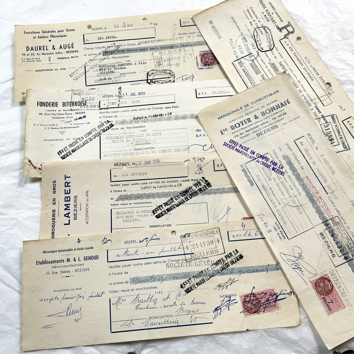 1950s - Lot of 6 Vintage French Bills of Exchange – Handwritten Commercial Documents with Stamps