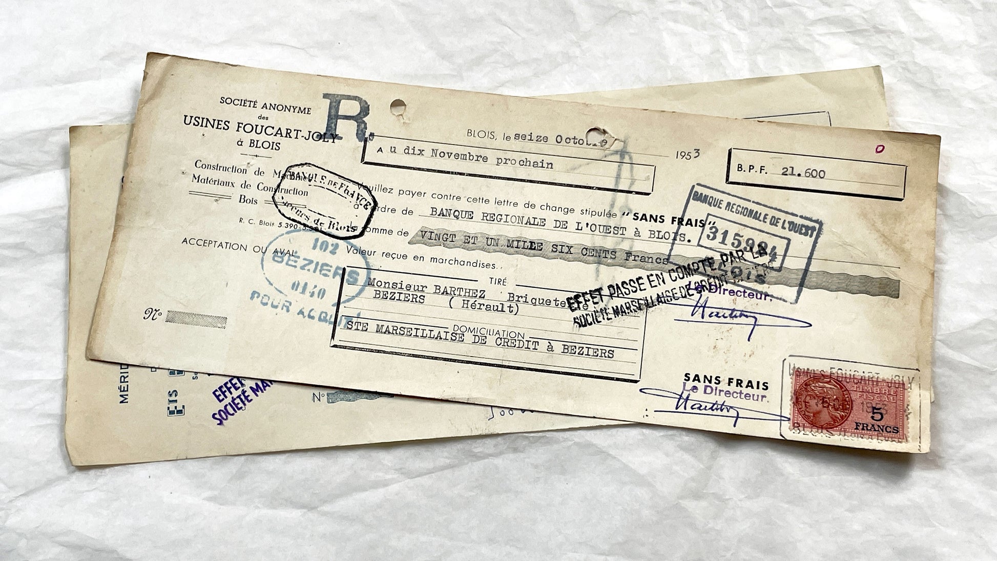 1950s - Lot of 6 Vintage French Bills of Exchange – Handwritten Commercial Documents with Stamps