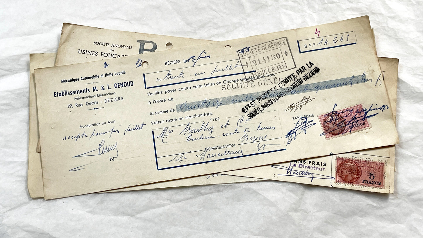 1950s - Lot of 6 Vintage French Bills of Exchange – Handwritten Commercial Documents with Stamps