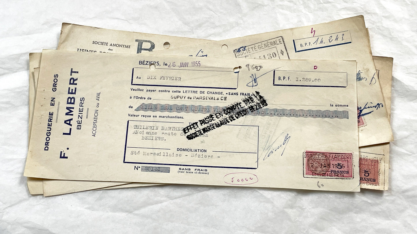 1950s - Lot of 6 Vintage French Bills of Exchange – Handwritten Commercial Documents with Stamps