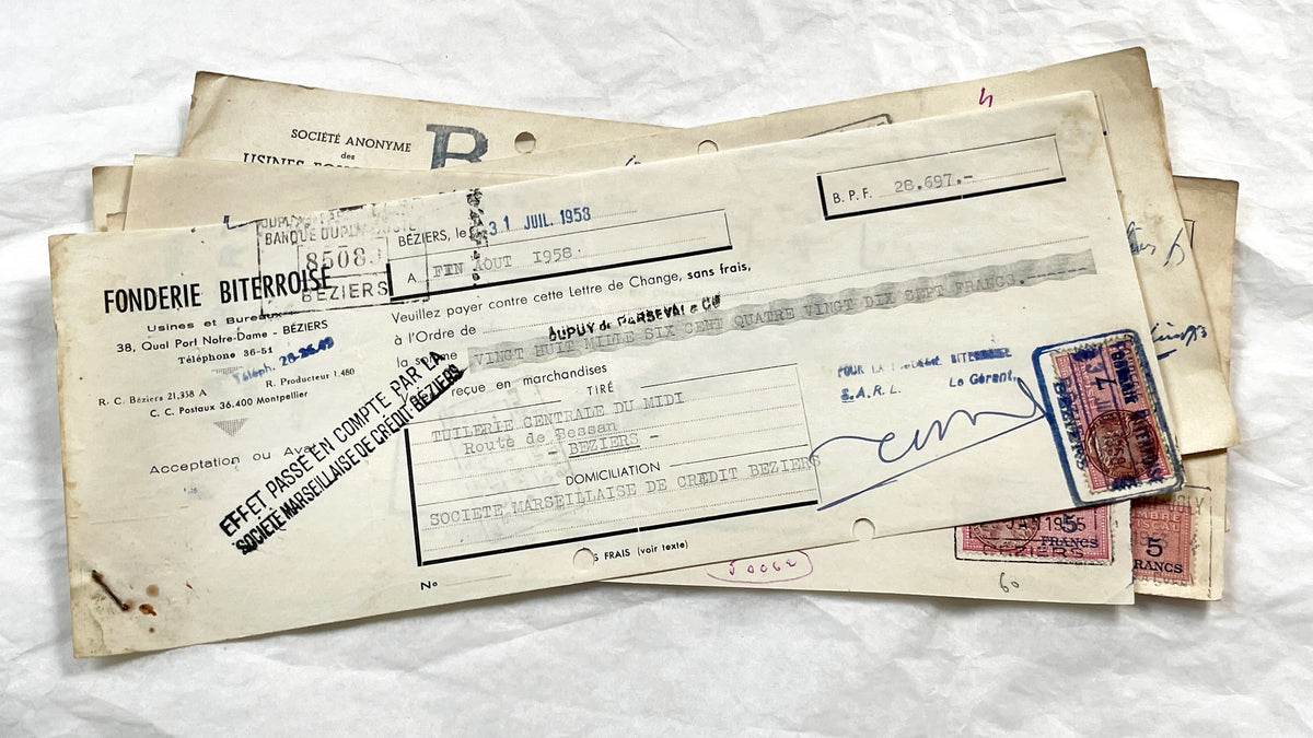 1950s - Lot of 6 Vintage French Bills of Exchange – Handwritten Commercial Documents with Stamps
