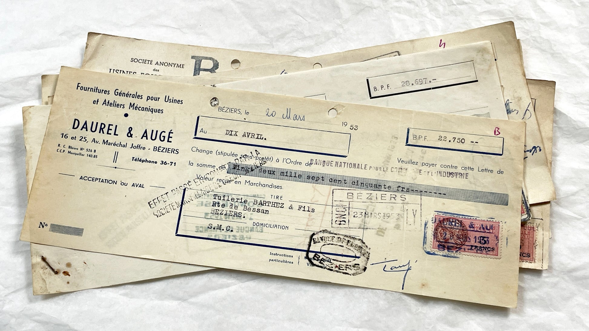 1950s - Lot of 6 Vintage French Bills of Exchange – Handwritten Commercial Documents with Stamps