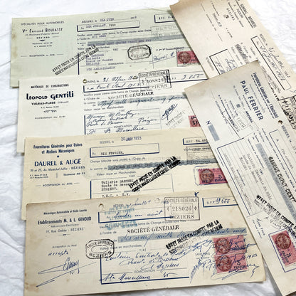 1950s - Lot of 6 Vintage French Bills of Exchange – Handwritten Commercial Documents with Stamps