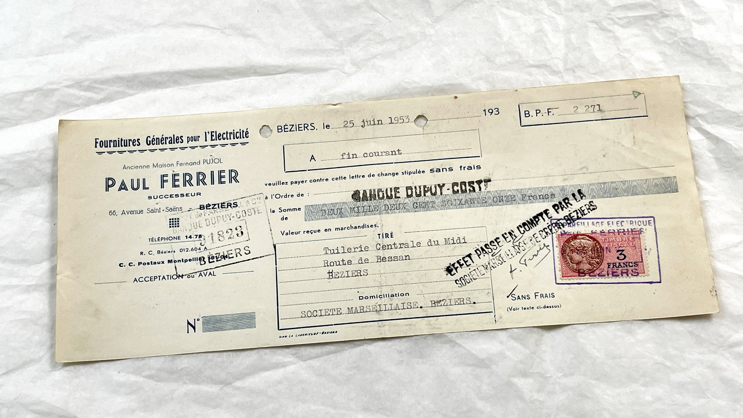 1950s - Lot of 6 Vintage French Bills of Exchange – Handwritten Commercial Documents with Stamps