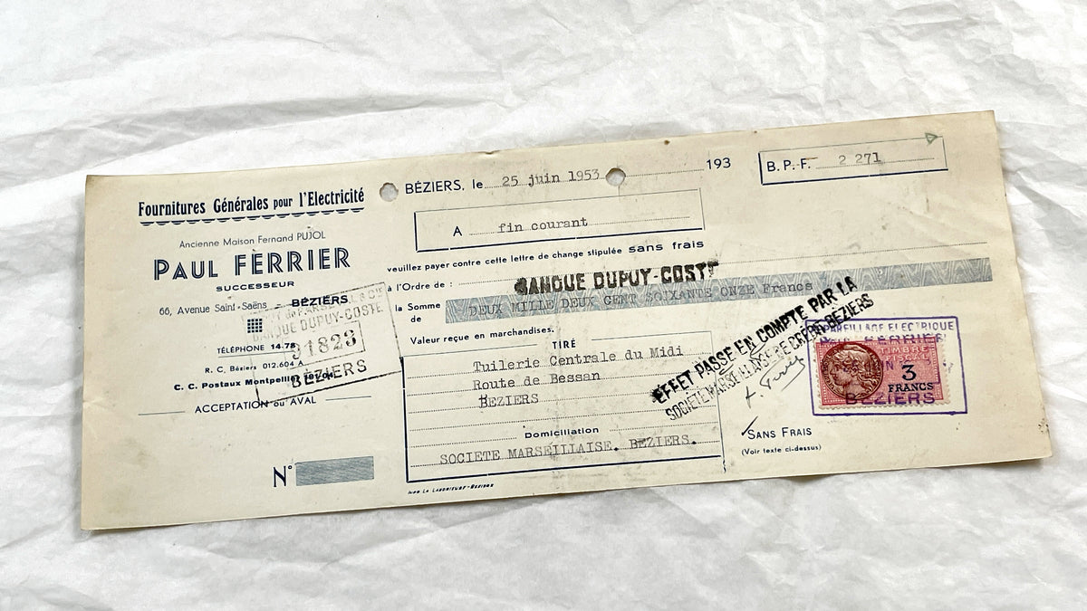 1950s - Lot of 6 Vintage French Bills of Exchange – Handwritten Commercial Documents with Stamps
